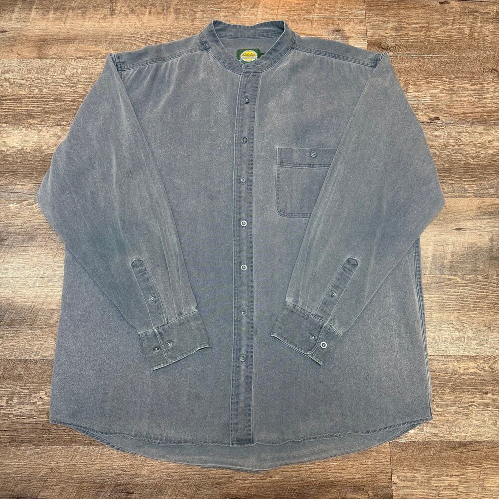 Cabelas Mens XL Tall Band Collar Denim Shirt Faded Blue Cotton Grandad Collar